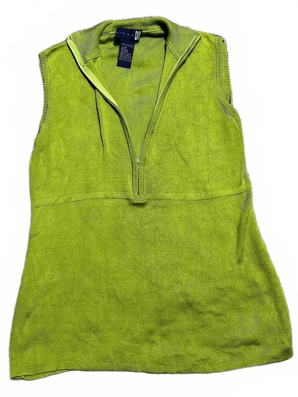 Vintage C'est City Silk Sleeveless Knit Green Henley Zip Top Size M